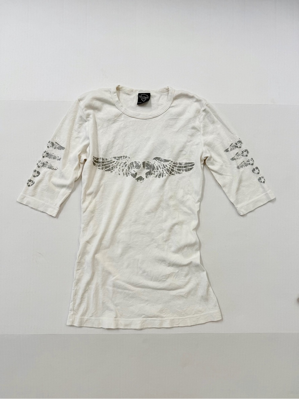 Sledge USA White / Silver Fitted Grunge Tee — Angel Wing Graphic Top Y2K